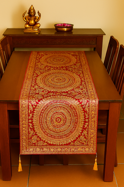 Red Banarasi Table Runner 72x16" Silk Brocade Mandala Dining Decor Cloth Gift