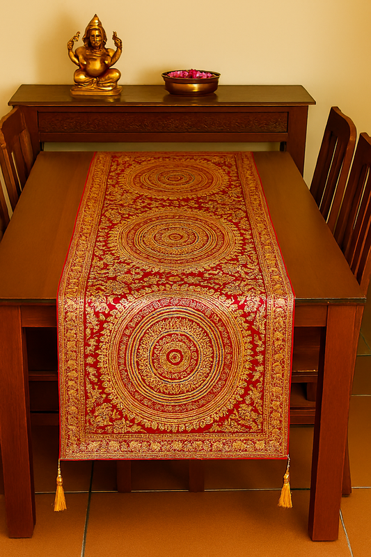 Red Banarasi Table Runner 72x16" Silk Brocade Mandala Dining Decor Cloth Gift