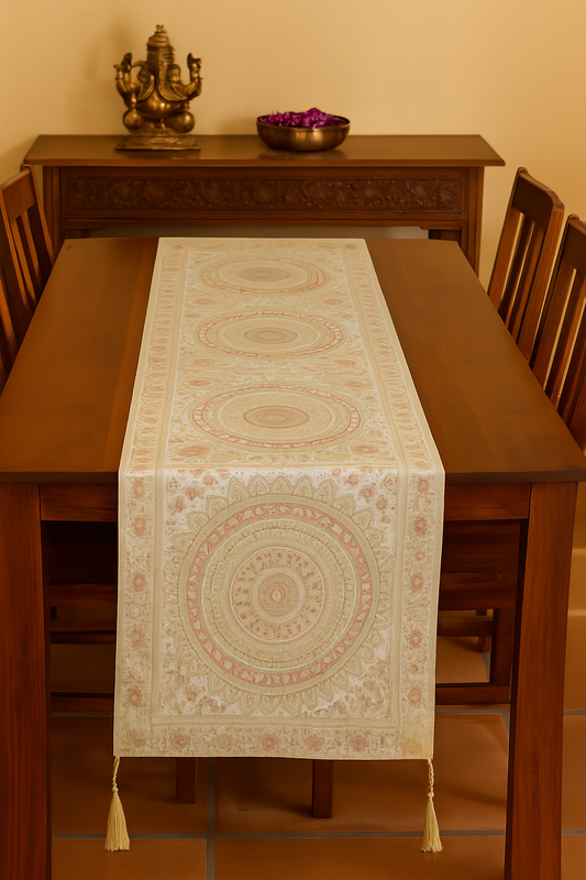 White Table Runner 72x16" Banarasi Silk Brocade Mandala Dining Decor Cloth Gift
