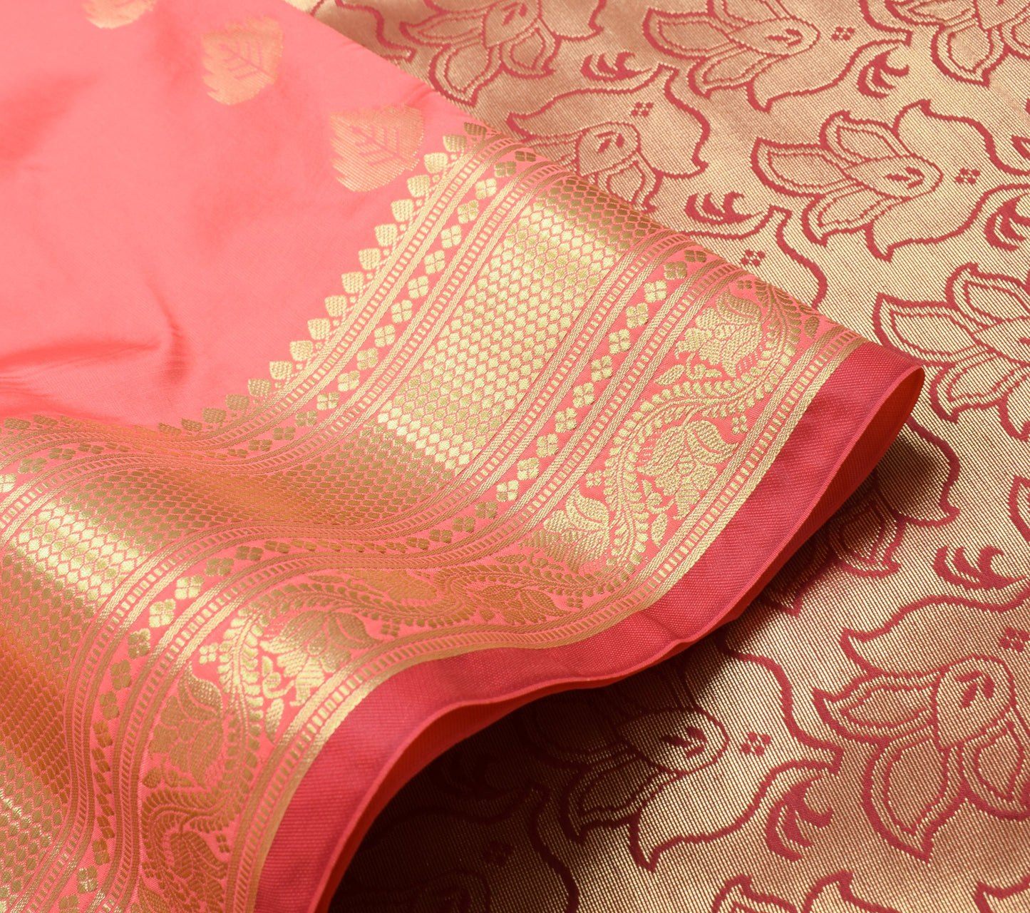 Banarasi Art Silk Saree with Blouse Fabric Coral Pink Leaves Gold Zari Weaving