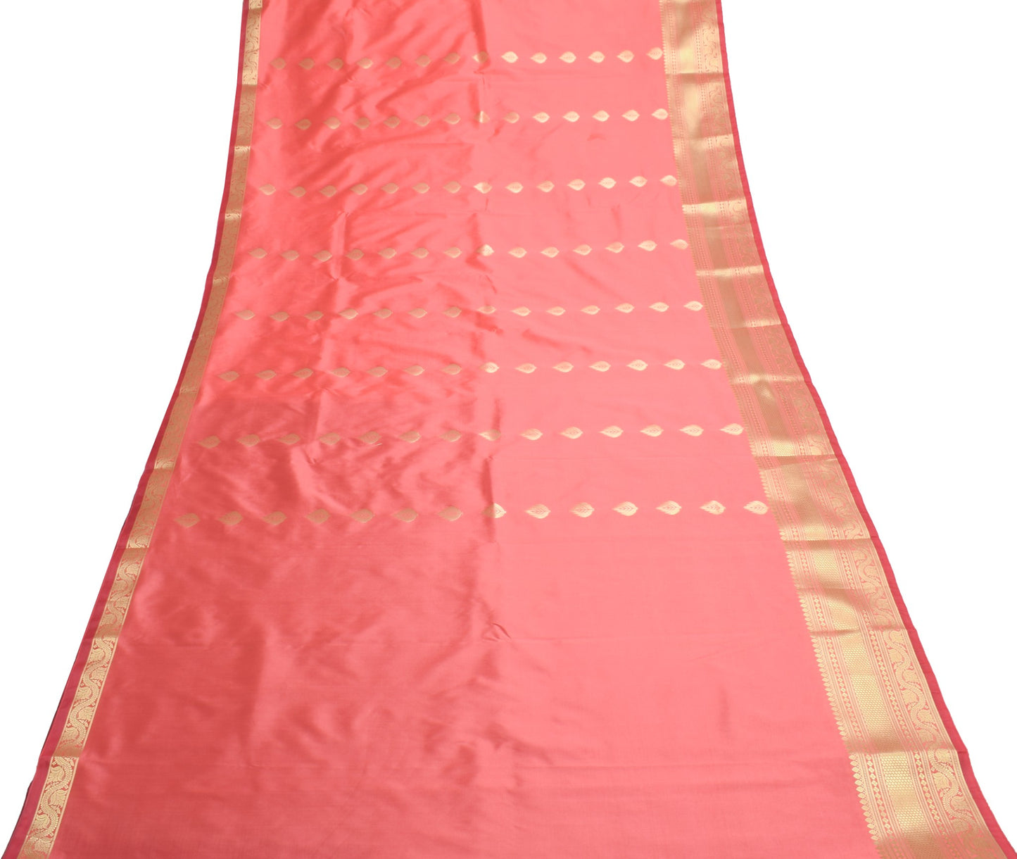Banarasi Art Silk Saree with Blouse Fabric Coral Pink Leaves Gold Zari Weaving