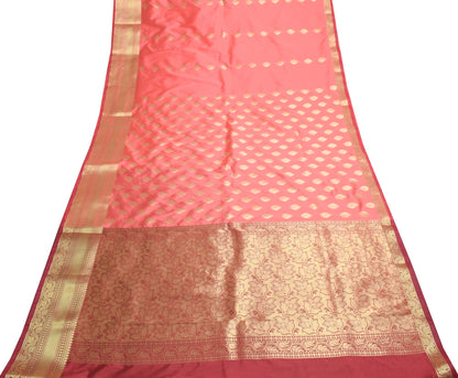 Banarasi Art Silk Saree with Blouse Fabric Coral Pink Leaves Gold Zari Weaving
