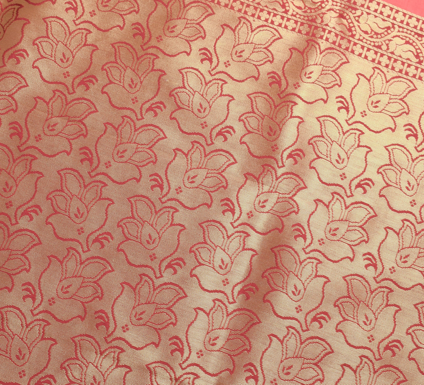 Banarasi Art Silk Saree with Blouse Fabric Coral Pink Leaves Gold Zari Weaving