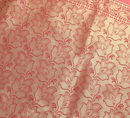 Banarasi Art Silk Saree with Blouse Fabric Coral Pink Leaves Gold Zari Weaving