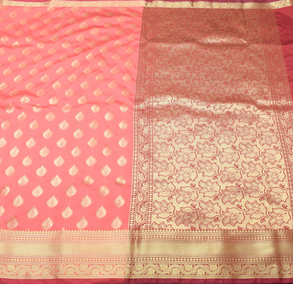 Banarasi Art Silk Saree with Blouse Fabric Coral Pink Leaves Gold Zari Weaving