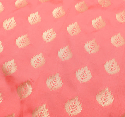 Banarasi Art Silk Saree with Blouse Fabric Coral Pink Leaves Gold Zari Weaving