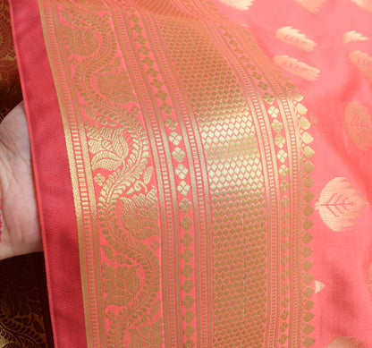 Banarasi Art Silk Saree with Blouse Fabric Coral Pink Leaves Gold Zari Weaving