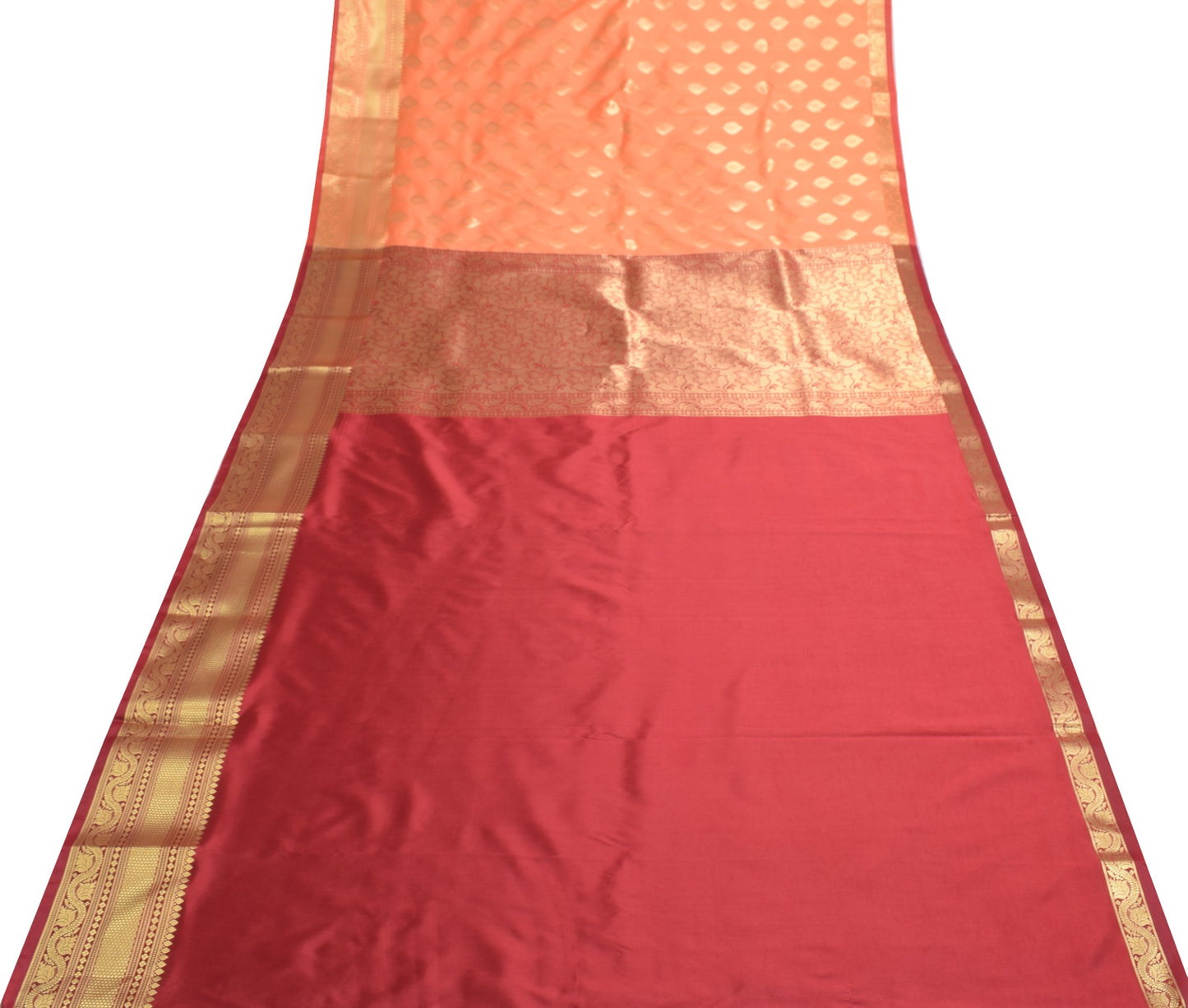 Banarasi Art Silk Saree Blouse Fabric Peach Leaves Gold Zari Weaving Indian Sari