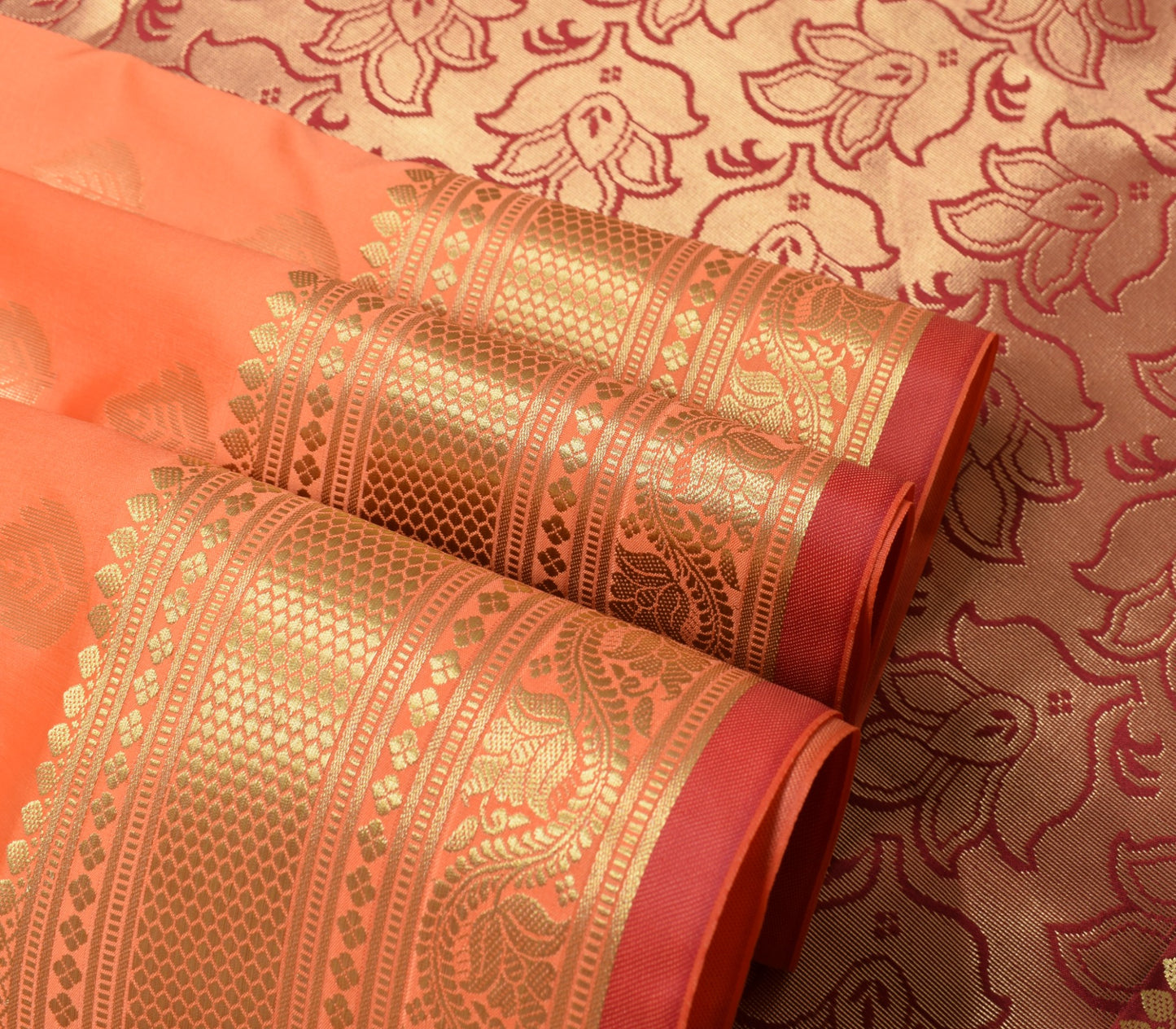 Banarasi Art Silk Saree Blouse Fabric Peach Leaves Gold Zari Weaving Indian Sari