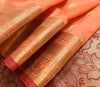 Banarasi Art Silk Saree Blouse Fabric Peach Leaves Gold Zari Weaving Indian Sari