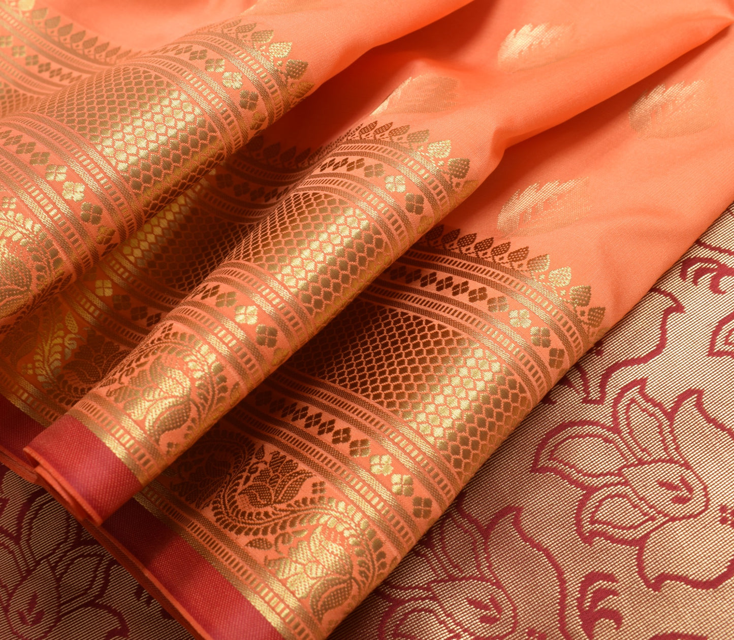 Banarasi Art Silk Saree Blouse Fabric Peach Leaves Gold Zari Weaving Indian Sari