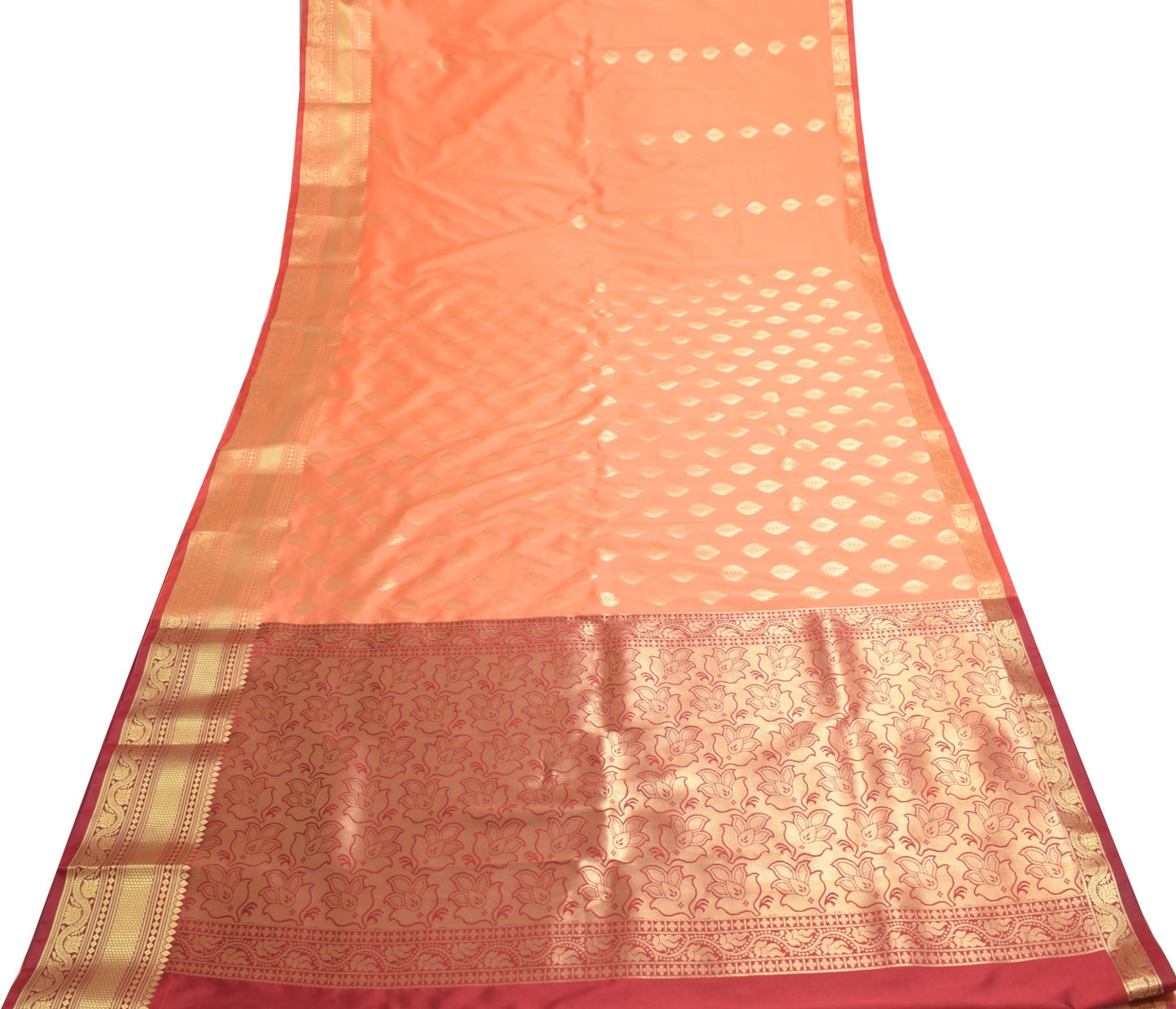 Banarasi Art Silk Saree Blouse Fabric Peach Leaves Gold Zari Weaving Indian Sari