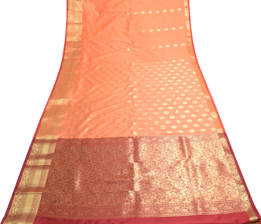 Banarasi Art Silk Saree Blouse Fabric Peach Leaves Gold Zari Weaving Indian Sari