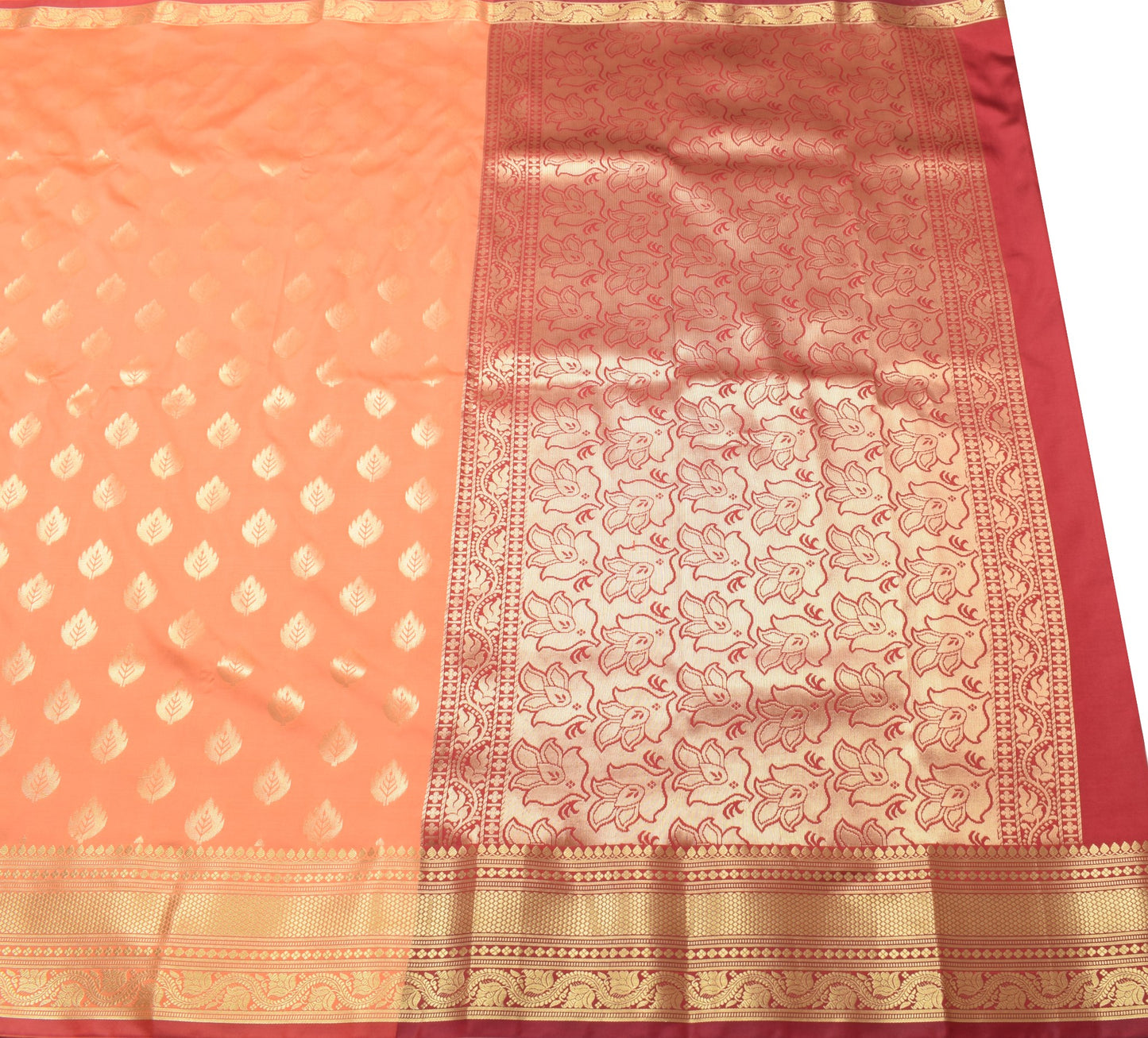 Banarasi Art Silk Saree Blouse Fabric Peach Leaves Gold Zari Weaving Indian Sari