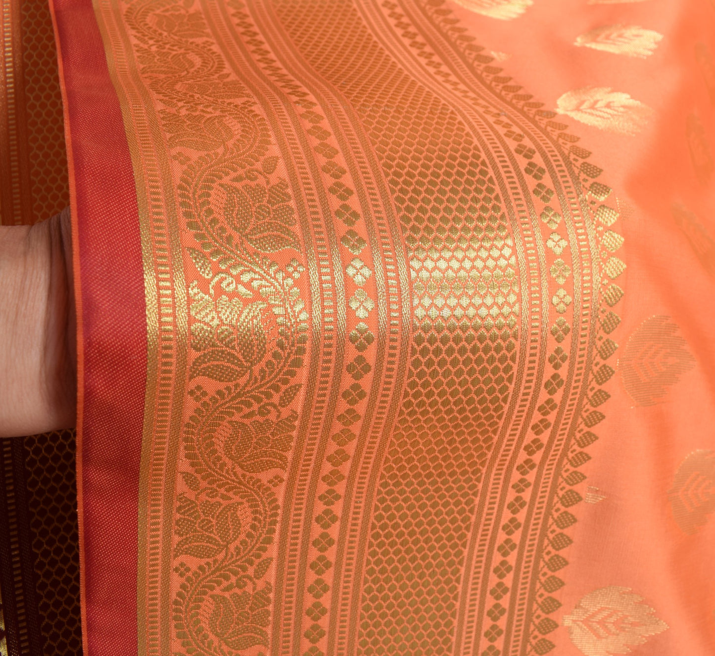 Banarasi Art Silk Saree Blouse Fabric Peach Leaves Gold Zari Weaving Indian Sari