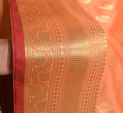 Banarasi Art Silk Saree Blouse Fabric Peach Leaves Gold Zari Weaving Indian Sari