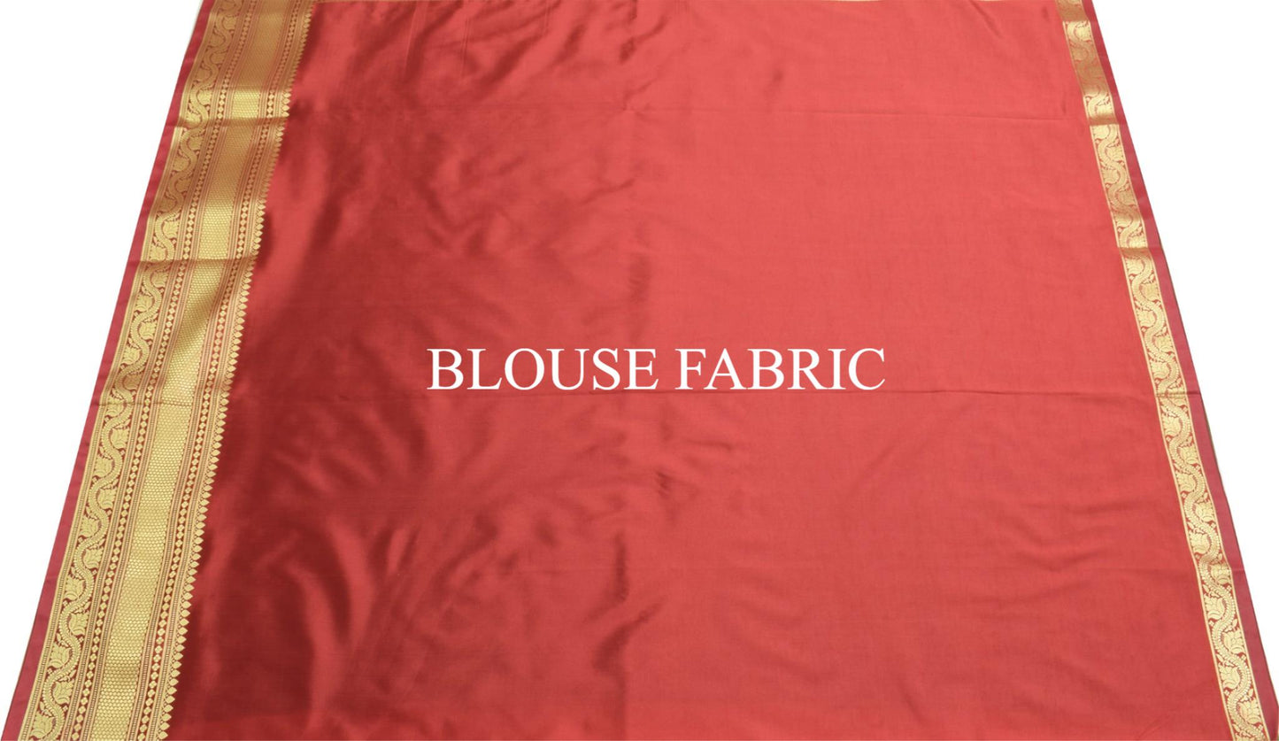 Banarasi Art Silk Saree Blouse Fabric Henna Green Leaves Gold Zari Weaving Sari