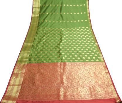 Banarasi Art Silk Saree Blouse Fabric Henna Green Leaves Gold Zari Weaving Sari