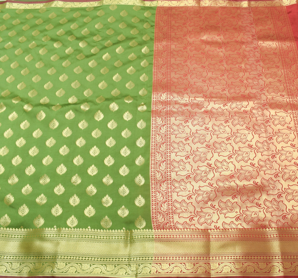 Banarasi Art Silk Saree Blouse Fabric Henna Green Leaves Gold Zari Weaving Sari