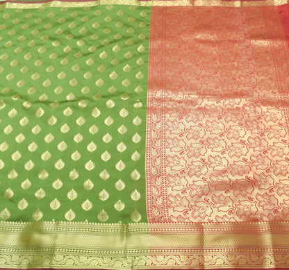 Banarasi Art Silk Saree Blouse Fabric Henna Green Leaves Gold Zari Weaving Sari