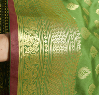 Banarasi Art Silk Saree Blouse Fabric Henna Green Leaves Gold Zari Weaving Sari