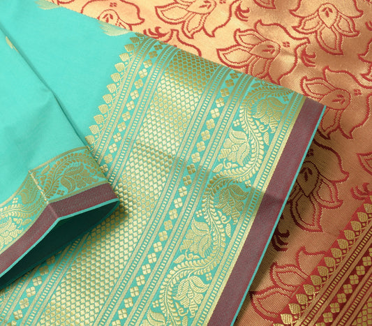 Banarasi Art Silk Saree with Blouse Fabric Aqua Green Leaves Gold Zari Weaving