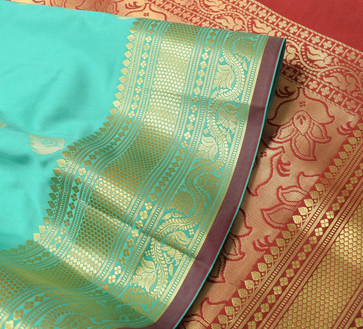 Banarasi Art Silk Saree with Blouse Fabric Aqua Green Leaves Gold Zari Weaving
