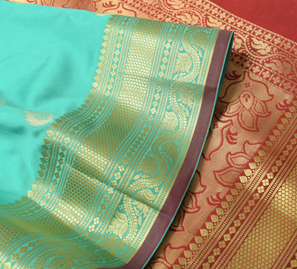 Banarasi Art Silk Saree with Blouse Fabric Aqua Green Leaves Gold Zari Weaving