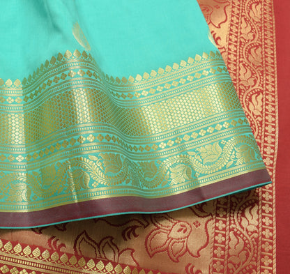 Banarasi Art Silk Saree with Blouse Fabric Aqua Green Leaves Gold Zari Weaving