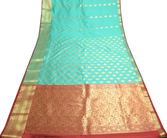 Banarasi Art Silk Saree with Blouse Fabric Aqua Green Leaves Gold Zari Weaving