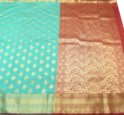Banarasi Art Silk Saree with Blouse Fabric Aqua Green Leaves Gold Zari Weaving