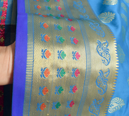 Blue Banarasi Sari Art Silk Zari Woven Floral Border Saree with Blouse Fabric