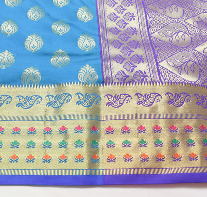 Blue Banarasi Sari Art Silk Zari Woven Floral Border Saree with Blouse Fabric