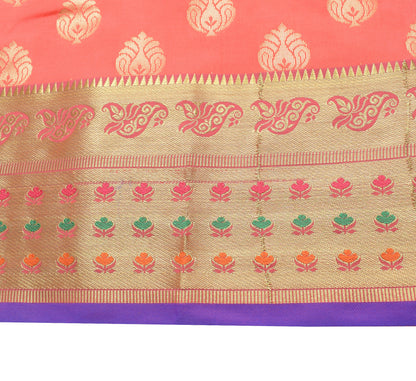 Peach Banarasi Sari Art Silk Zari Woven Floral Border Saree with Blouse Fabric
