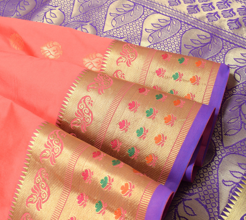 Peach Banarasi Sari Art Silk Zari Woven Floral Border Saree with Blouse Fabric