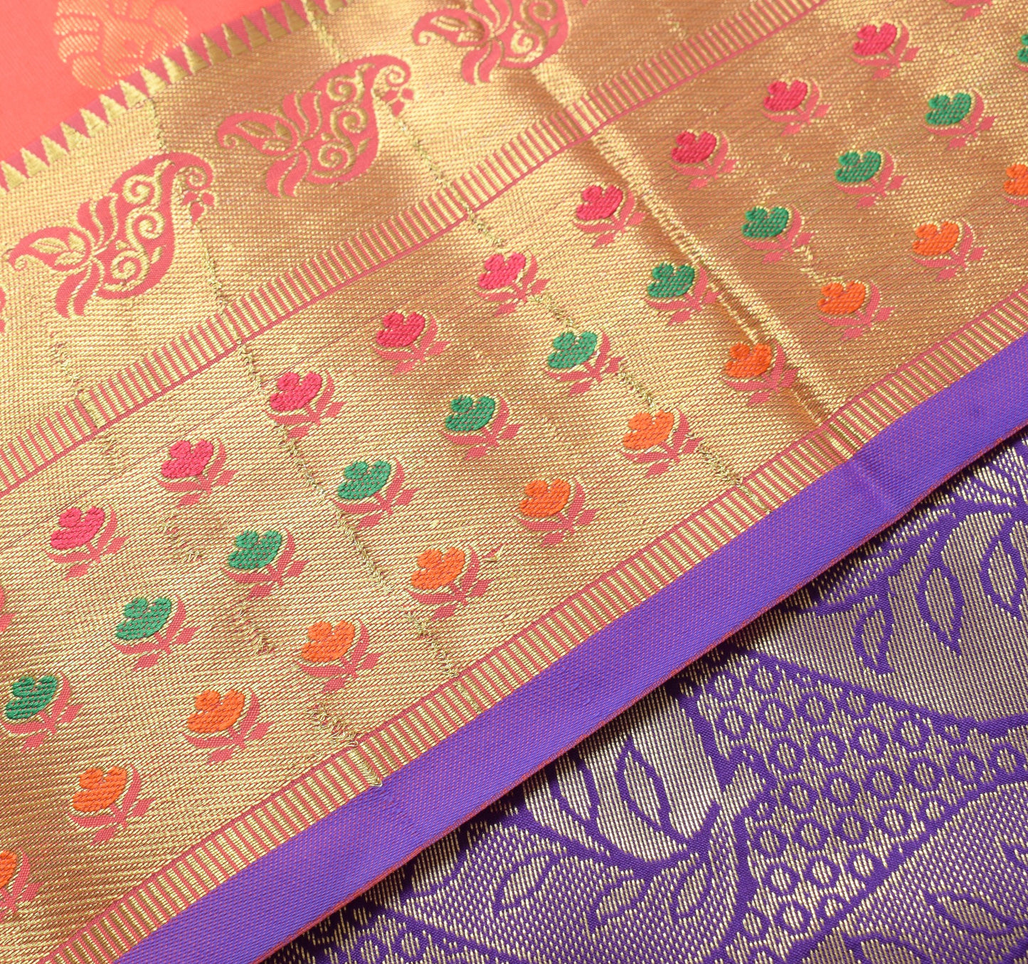 Peach Banarasi Sari Art Silk Zari Woven Floral Border Saree with Blouse Fabric