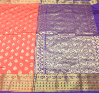 Peach Banarasi Sari Art Silk Zari Woven Floral Border Saree with Blouse Fabric