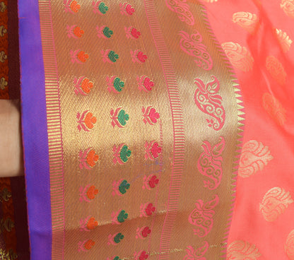 Peach Banarasi Sari Art Silk Zari Woven Floral Border Saree with Blouse Fabric