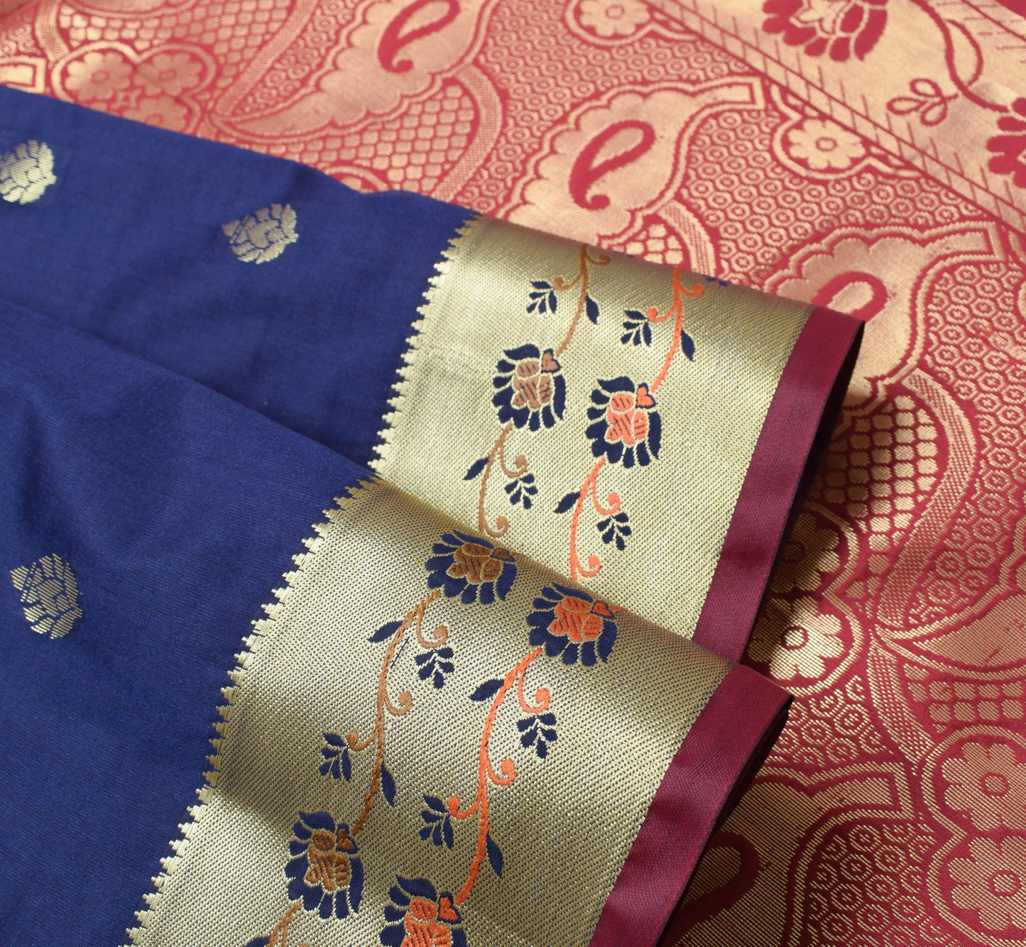 Deep Blue Banarasi Sari Art Silk Zari Woven Leaf Motifs Saree with Blouse Fabric