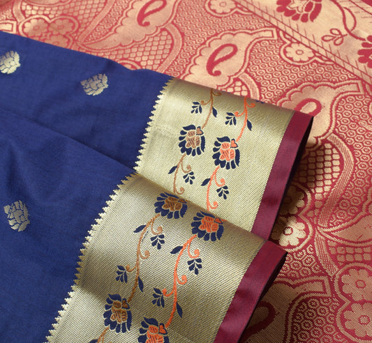 Deep Blue Banarasi Sari Art Silk Zari Woven Leaf Motifs Saree with Blouse Fabric