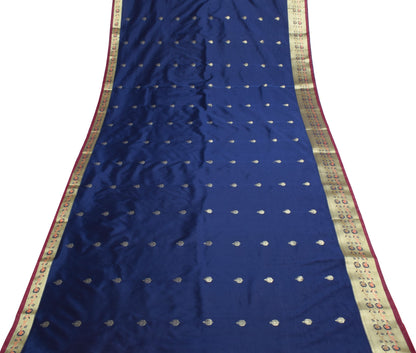Deep Blue Banarasi Sari Art Silk Zari Woven Leaf Motifs Saree with Blouse Fabric