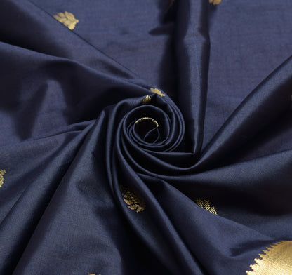 Deep Blue Banarasi Sari Art Silk Zari Woven Leaf Motifs Saree with Blouse Fabric