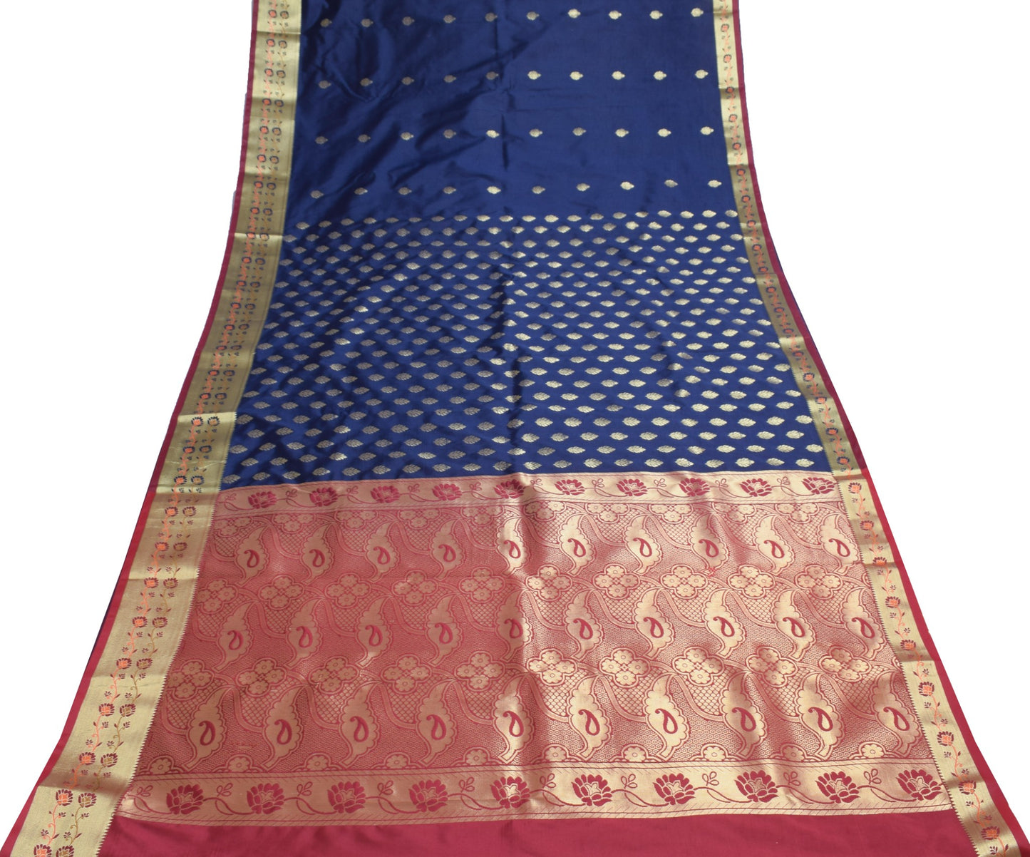 Deep Blue Banarasi Sari Art Silk Zari Woven Leaf Motifs Saree with Blouse Fabric