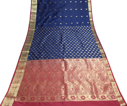 Deep Blue Banarasi Sari Art Silk Zari Woven Leaf Motifs Saree with Blouse Fabric