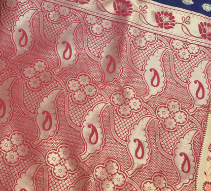 Deep Blue Banarasi Sari Art Silk Zari Woven Leaf Motifs Saree with Blouse Fabric