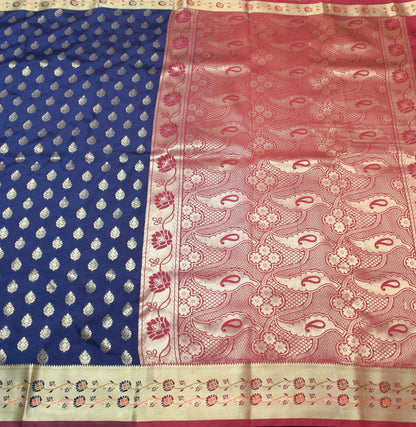 Deep Blue Banarasi Sari Art Silk Zari Woven Leaf Motifs Saree with Blouse Fabric