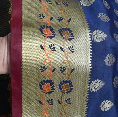 Deep Blue Banarasi Sari Art Silk Zari Woven Leaf Motifs Saree with Blouse Fabric