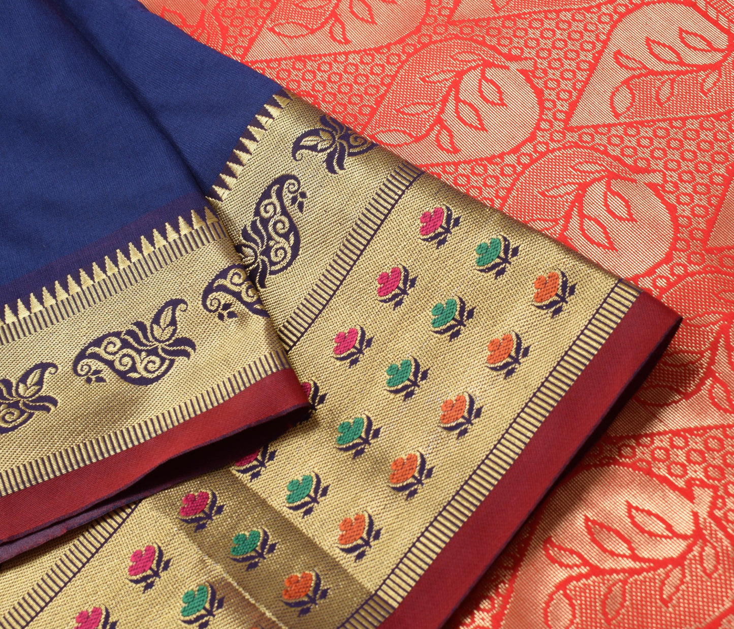 Dark Blue Banarasi Sari Art Silk Zari Woven Floral Border Saree Blouse Fabric