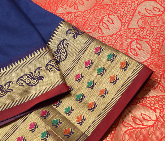 Dark Blue Banarasi Sari Art Silk Zari Woven Floral Border Saree Blouse Fabric
