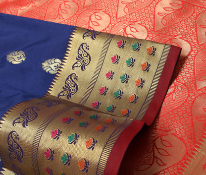 Dark Blue Banarasi Sari Art Silk Zari Woven Floral Border Saree Blouse Fabric